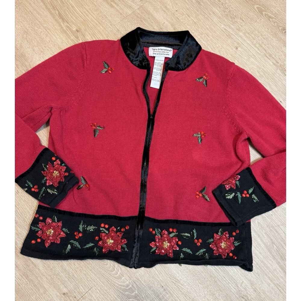 Tiara International Christmas Collection Sweater Floral RED Zipper Large Holiday